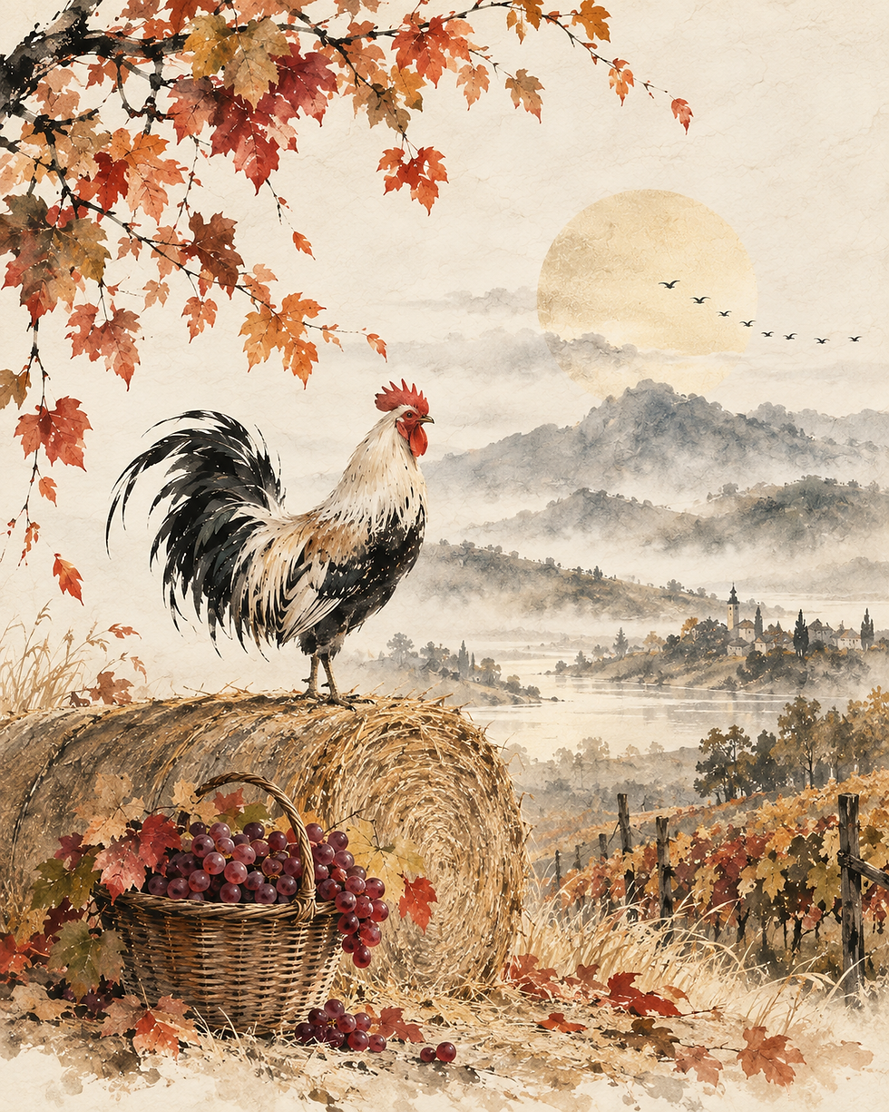 Coq perché sur une botte de foin près d’un panier de raisins rouges, dans un paysage d’automne français peint à l’aquarelle.
