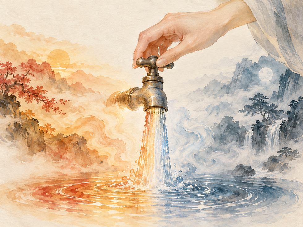 Main tournant un robinet entre une eau chaude aux tons dorés et une eau froide bleutée, illustration du passage progressif entre Yin et Yang.