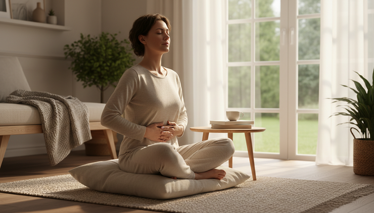 Wide-angle view of a person sitting quietly beside a bright bedroom window.