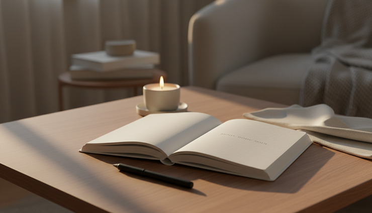 Eye-level view of a journal, pen, and small candle arranged on a wooden table for evening reflection.