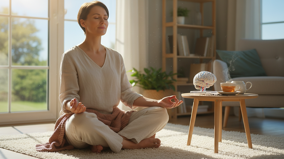 Eye-level view of a person sitting peacefully near a window after a short meditation practice