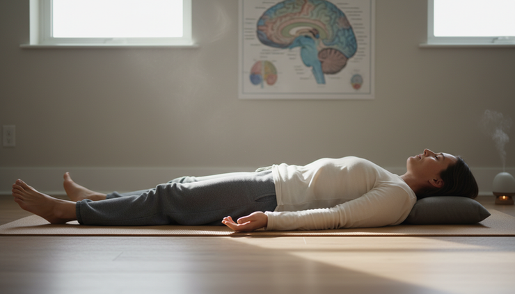 Side view of a person doing a body scan practice while lying on a yoga mat