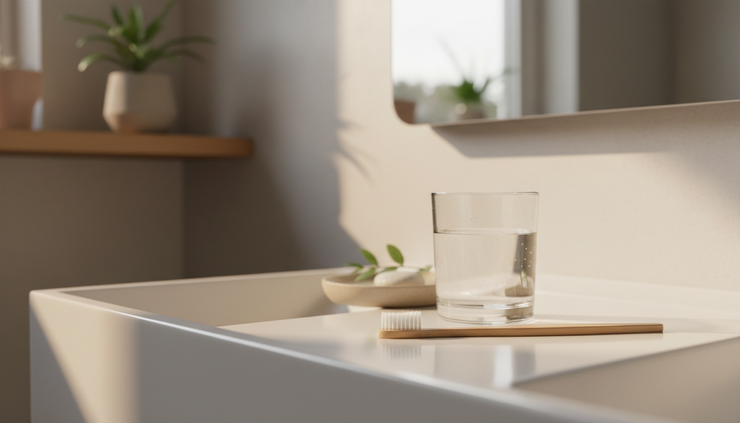 Close-up view of a toothbrush and a glass of water near a softly lit sink.