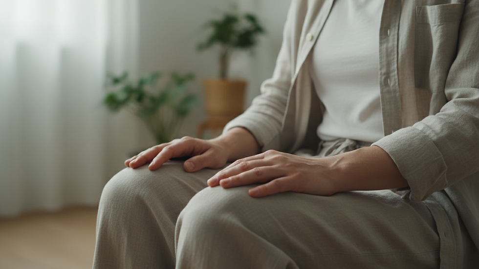 Close-up view of hands resting on knees during a guided breathing practice