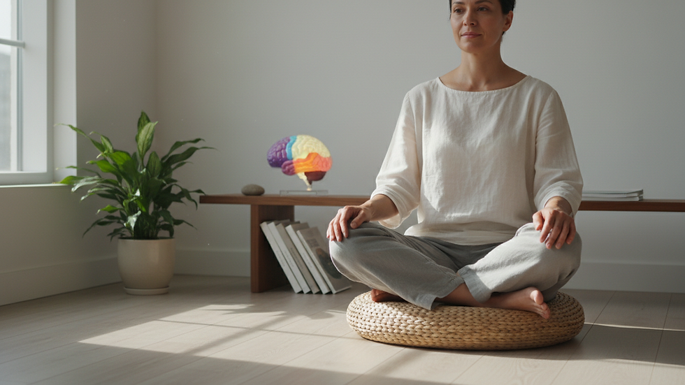 Wide-angle view of a person meditating beside a brain model in a quiet home space