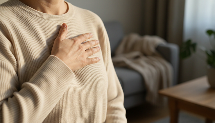 Close-up view of a hand resting gently over the chest during slow breathing.
