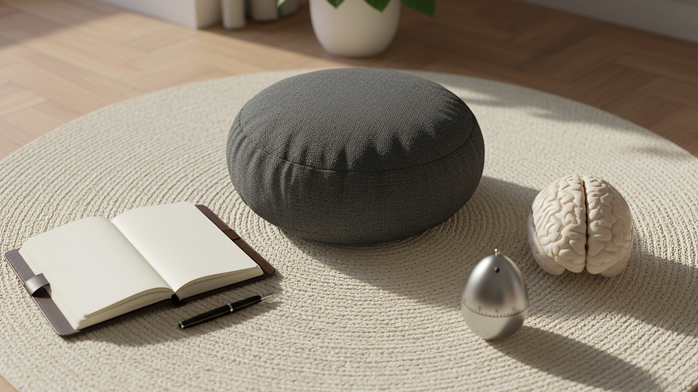 Overhead view of a journal, a timer, and a small anatomical brain model beside a cushion