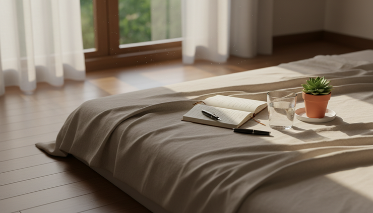 Wide-angle view of a quiet bedroom with soft morning light and a journal on a blanket