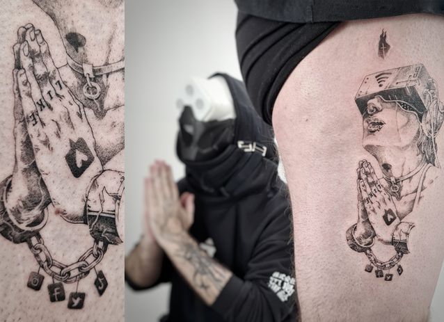 flash tattoo alexandre d'alessio tatouage marseille karbone studio inked cyberpunk mask robot VR social media madness futur 