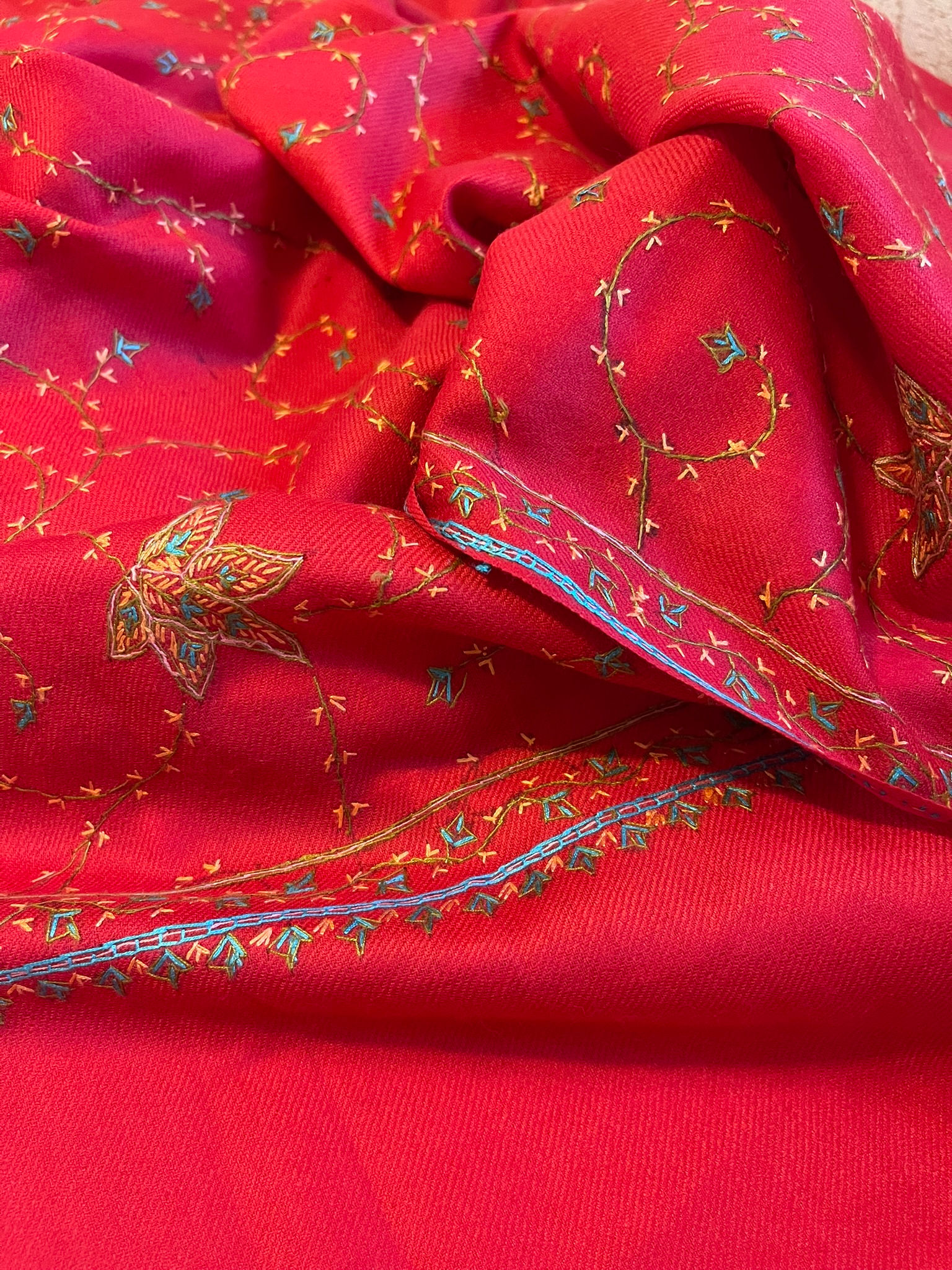 Hand-Embroidered Shawl in Rich Red