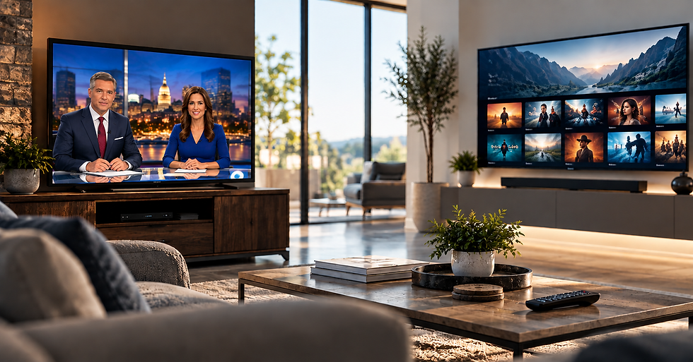Two screens in a living room. one showing traditional tv and the other streaming options