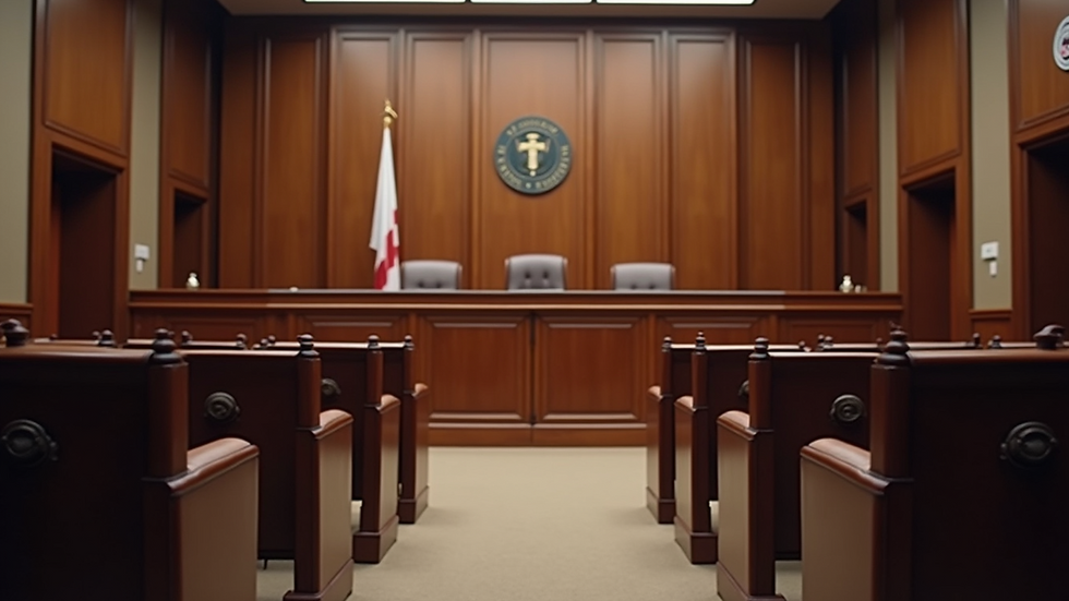 Eye-level view of a courtroom with a judge's bench and empty chairs