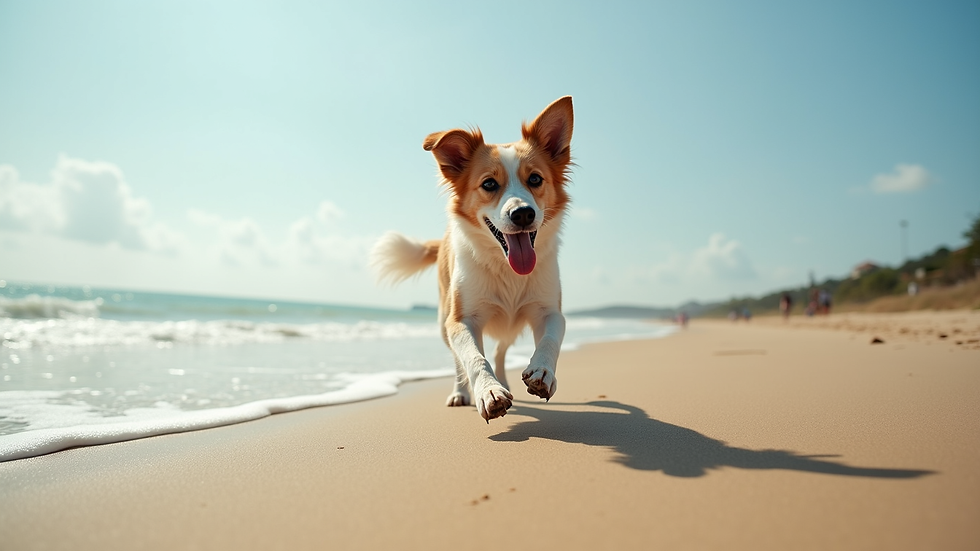 Eye-level view of a happy dog playing on a sandy beach