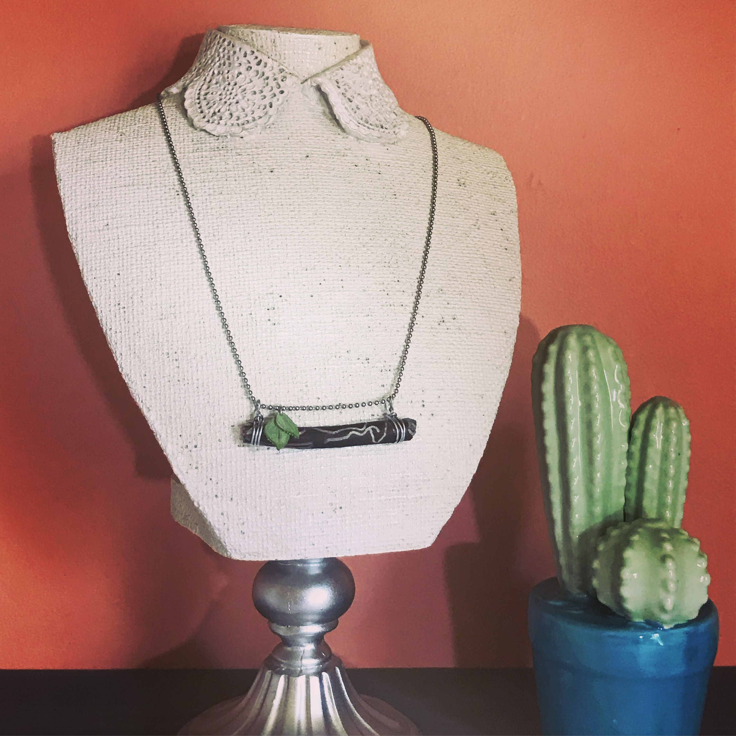 Stick Necklace with Leather Leaves