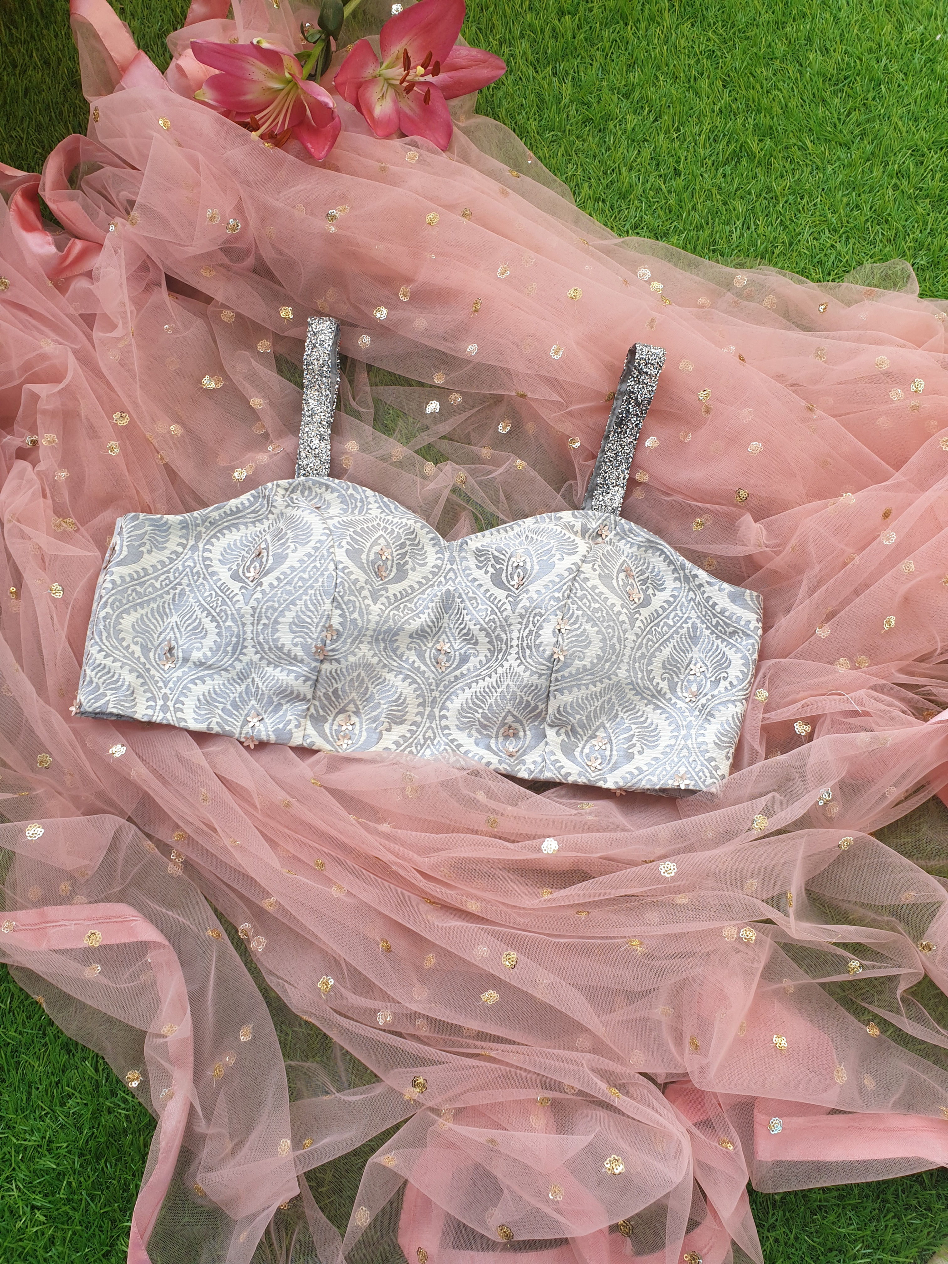 Blush Pink Saree with grey jacquard Bustier 