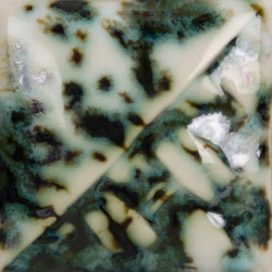 Mayco Green Jasper ceramic glaze fired to Cone 6, white with dark green chunks