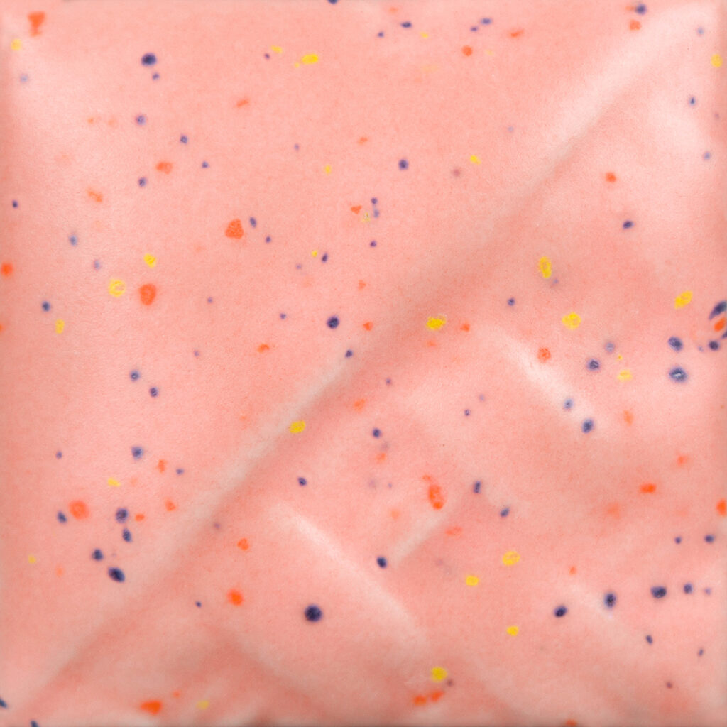 Mayco Pink Speck ceramic glaze fired to Cone 6, pink with colored sprinkles