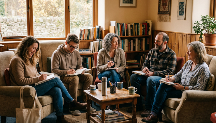 Eye-level view of a small writing circle with notebooks on laps.