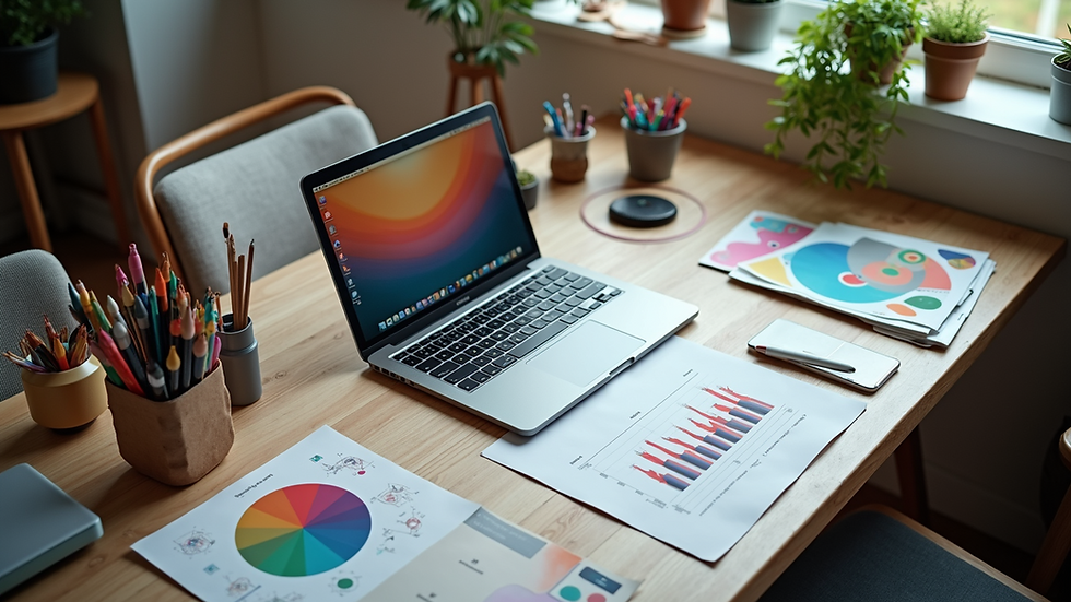 High angle view of a creative workspace filled with colorful design elements