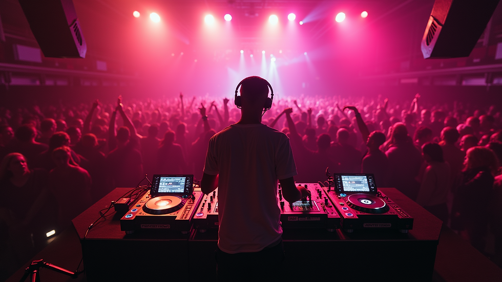 High angle view of a DJ performing on stage with a lively crowd