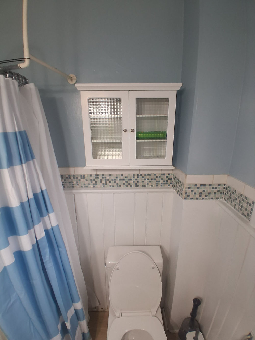 Bathroom with toilet, white wall cabinet, blue striped shower curtain