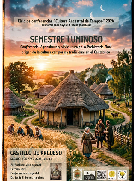 Ilustración de paisaje rural con campesinos trabajando la tierra frente a una cabaña de la Edad del Hierro, bajo las fases de la luna, representando los ciclos agrícolas.