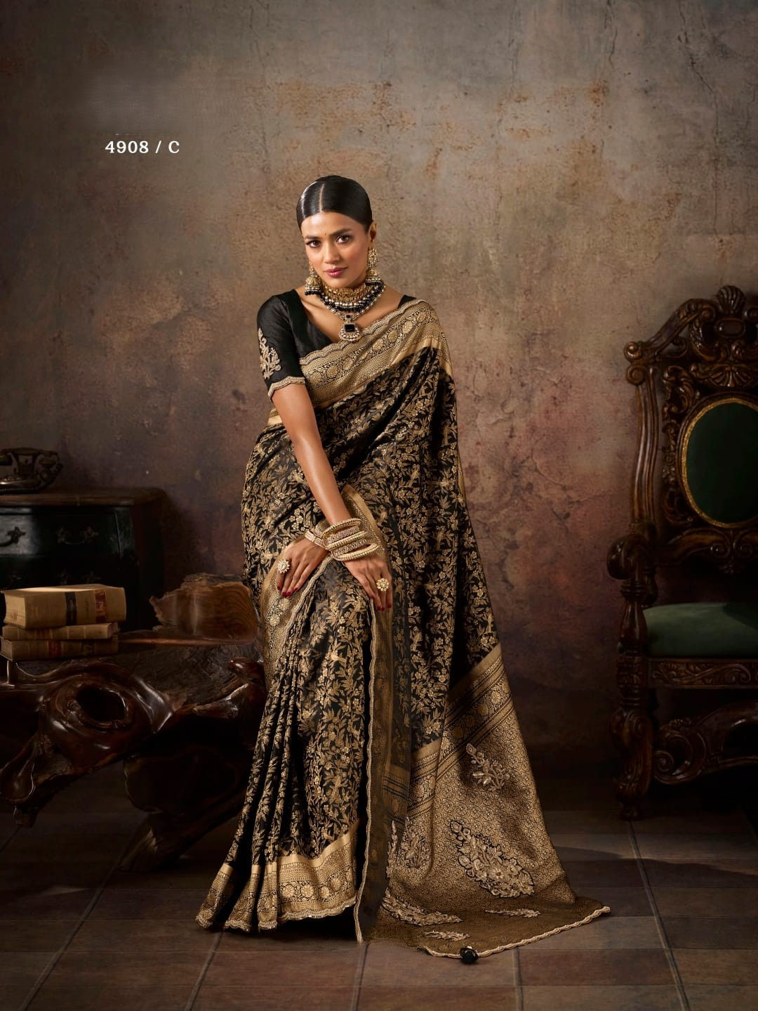 Royal Black Hand-Embellished Banarasi Silk Saree