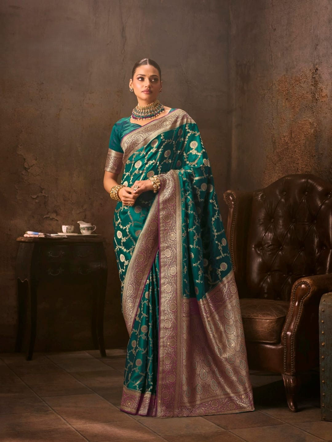 Dual Tone Meenakari Jaal Designer Saree-Premium