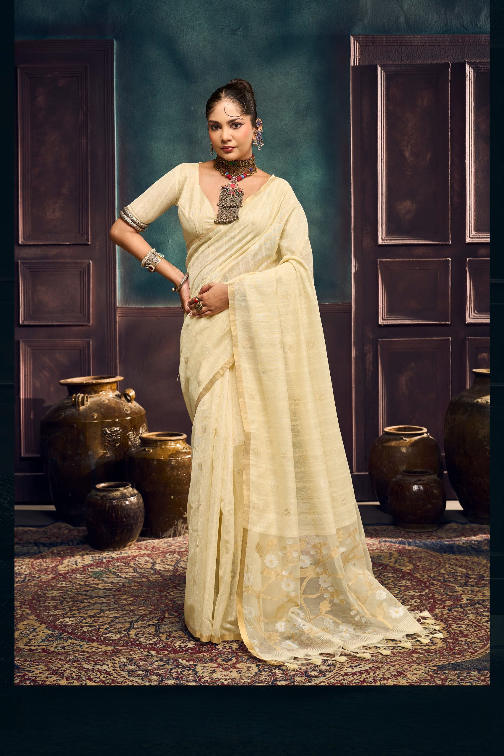 Rich Cream Cotton Woven Saree with Sheer Floral Pallu