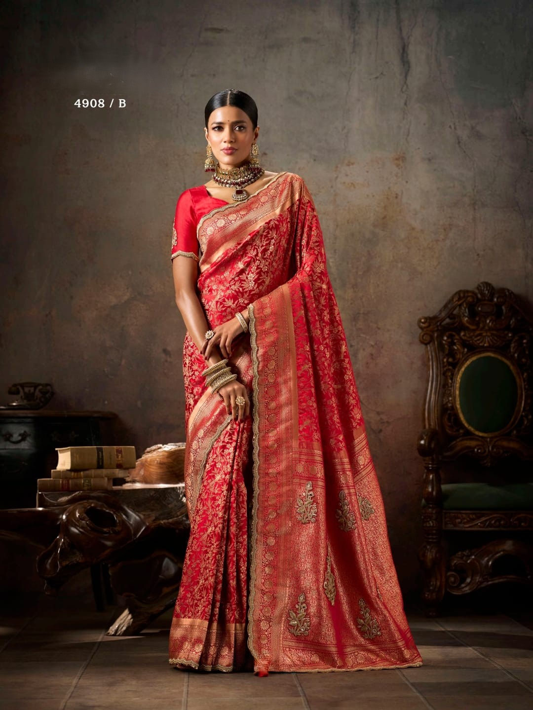 Rich Crimson Hand-Embellished Banarasi Silk Saree