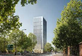 Single skyscraper on main tree-lined road