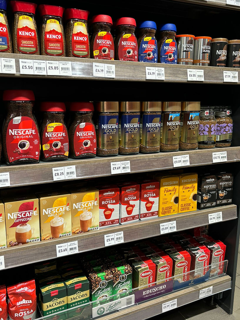 Range of coffees and teas on shelf
