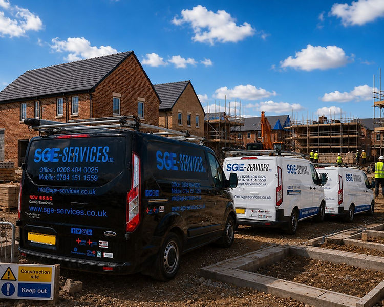 Vans with "SGE Services Ltd" branding are parked at a construction site with partially built houses