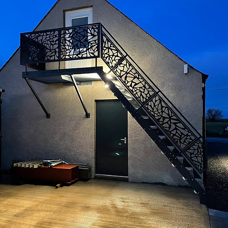 Metal stair case and hand rail installed up to 2nd floor on property