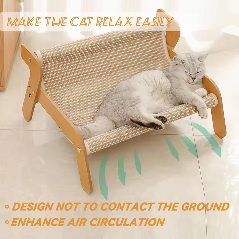 Large Sisal Cat Scratcher Lounge Bed, Off-Ground Breathable Cat Hammock, 2-in-1