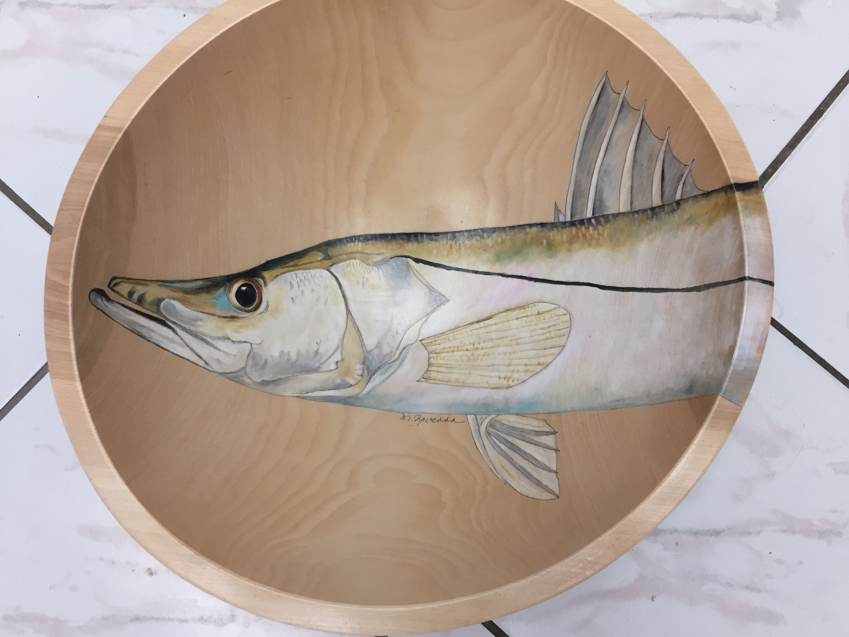 Snook hand painted wooden bowl by Artist Marianne Ravenna