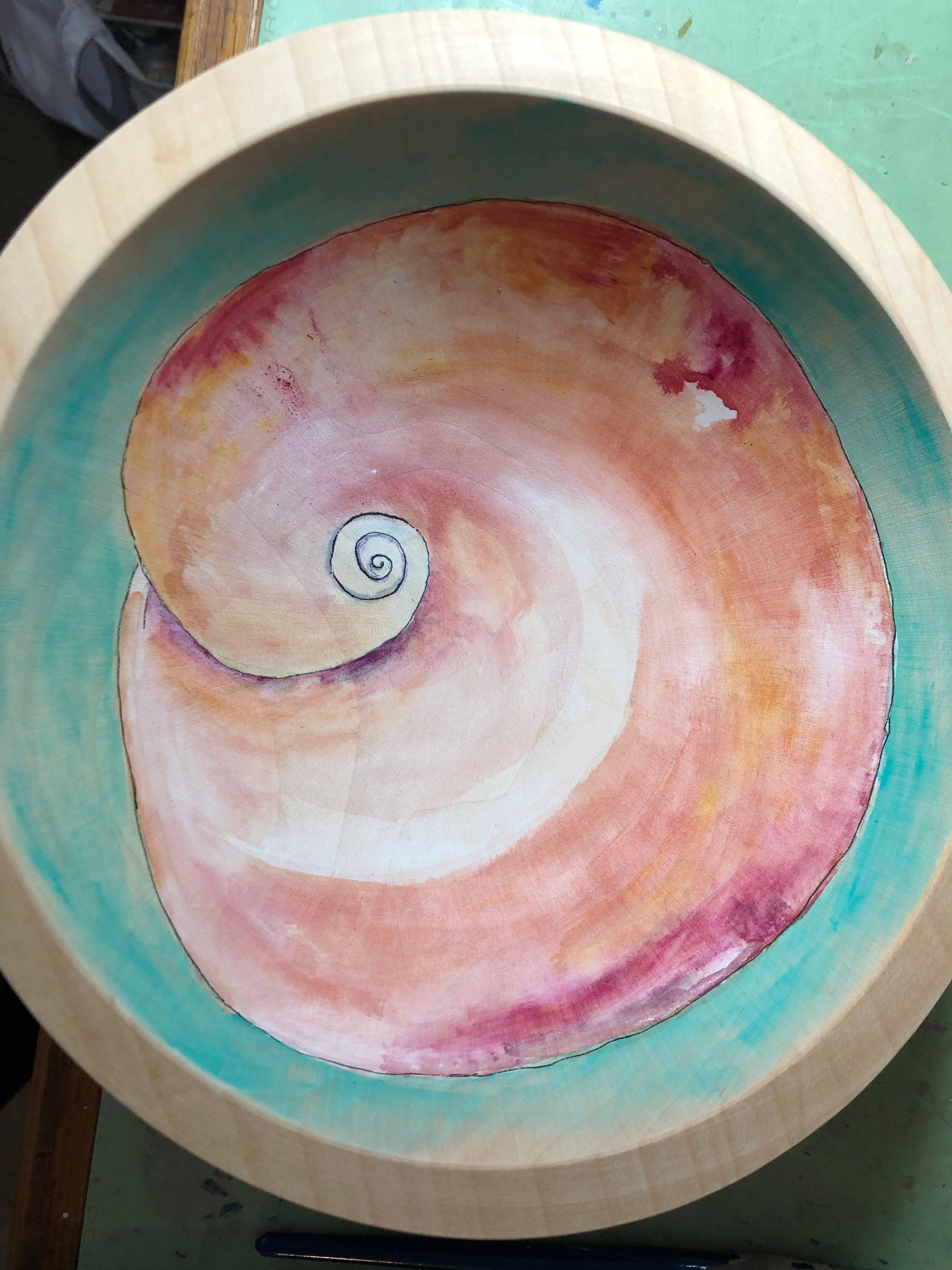 Marianne Ravenna Shark’s Eye Moonsnail Original Hand Painted Maple Wood Bowl