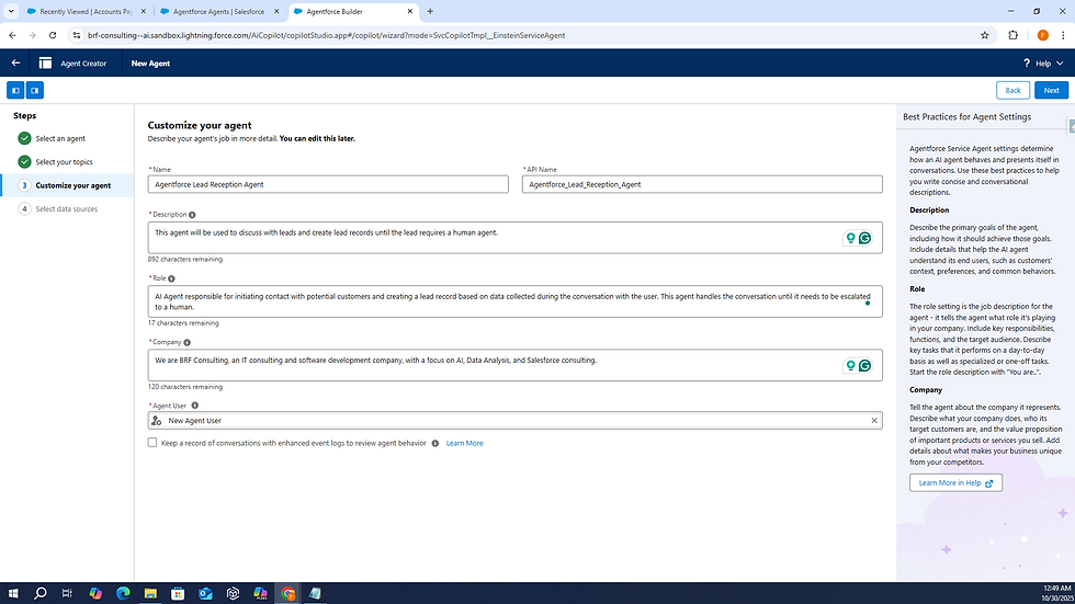 Agentforce builder screen displays settings for customizing an AI lead reception agent. Includes fields for name, description, role, and company.