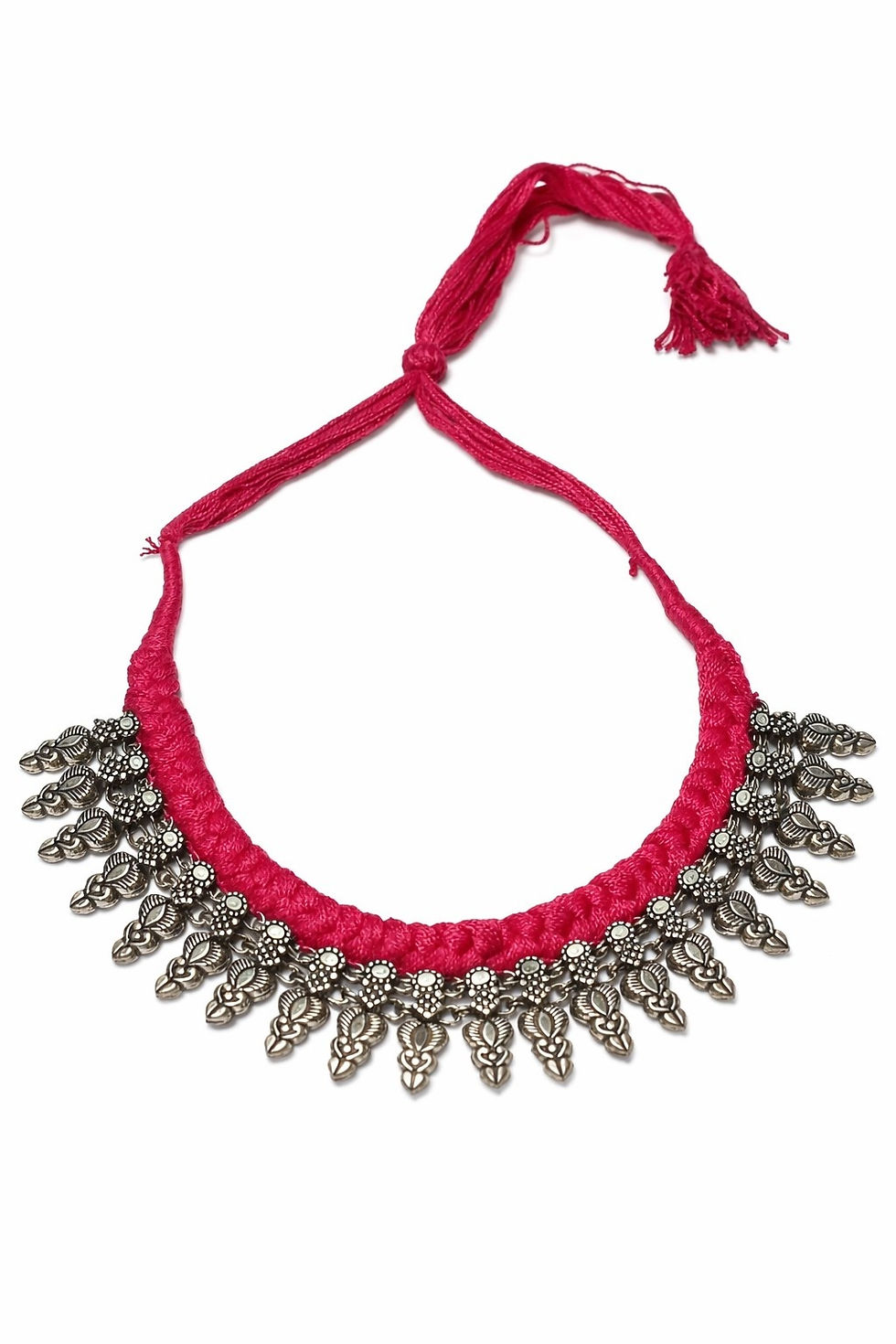 Thumbnail: athizay Oxidised Silver Tribal Choker Necklace Pink Thread Drawstring