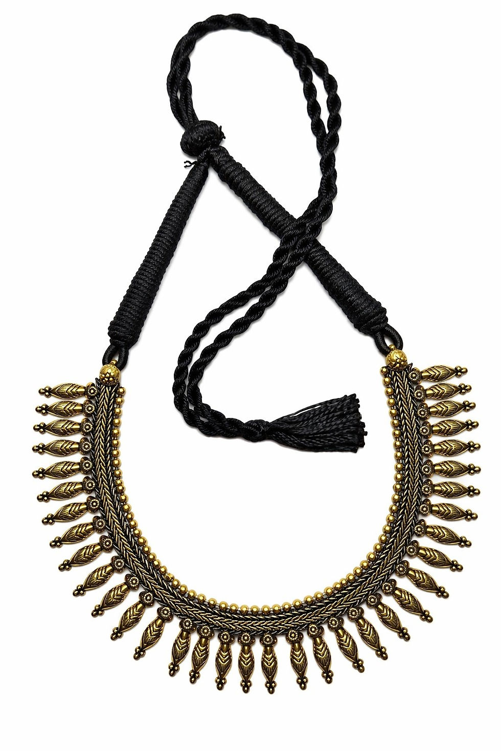 Thumbnail: Antique Gold-Tone Tribal Hasli Necklace with Leaf Bead Fringe and Black Thread