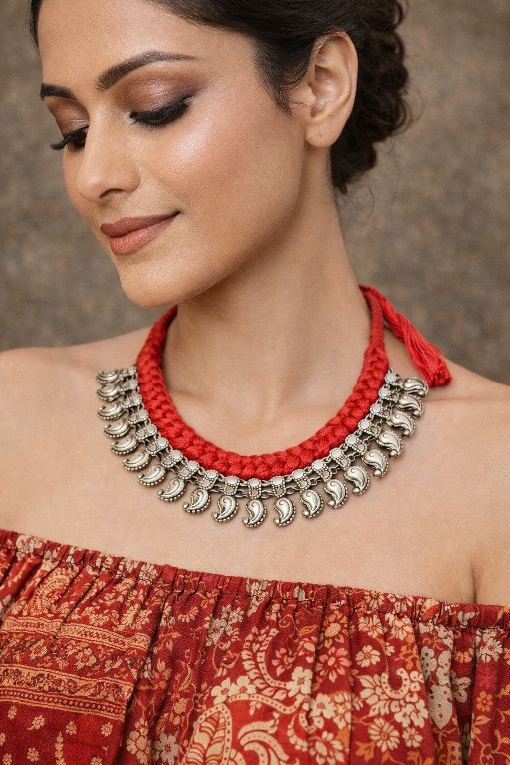 athizay Red Tribal Choker Necklace Oxidised Kairi Paisley Fringe Call:8860010199