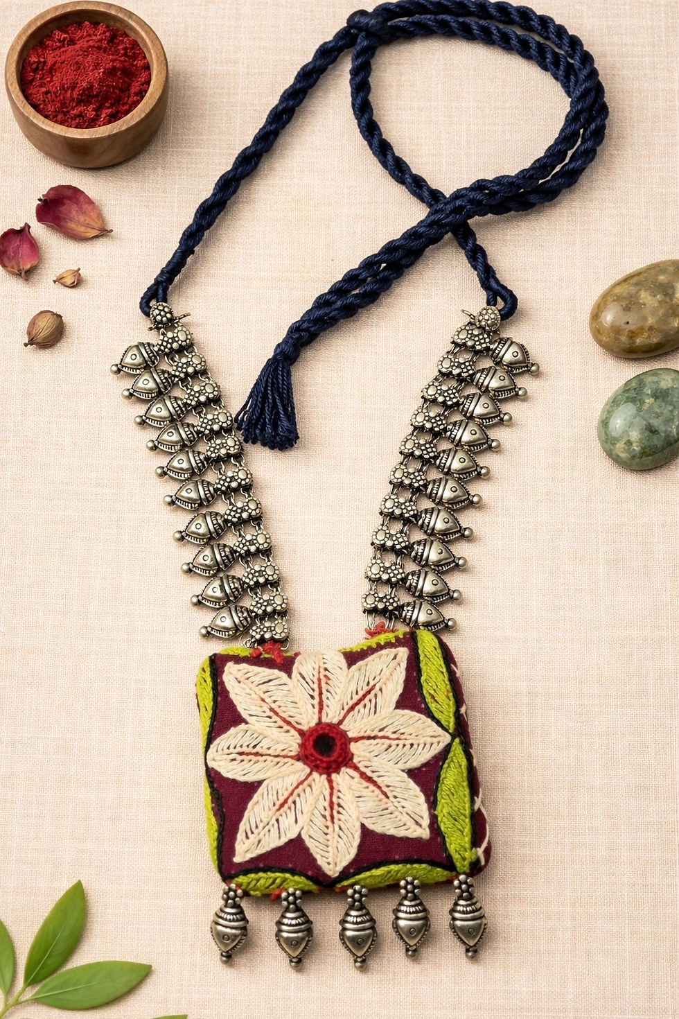 Thumbnail: Handcrafted Tribal Embroidered Square Pendant Necklace with Metal Bead Detailing