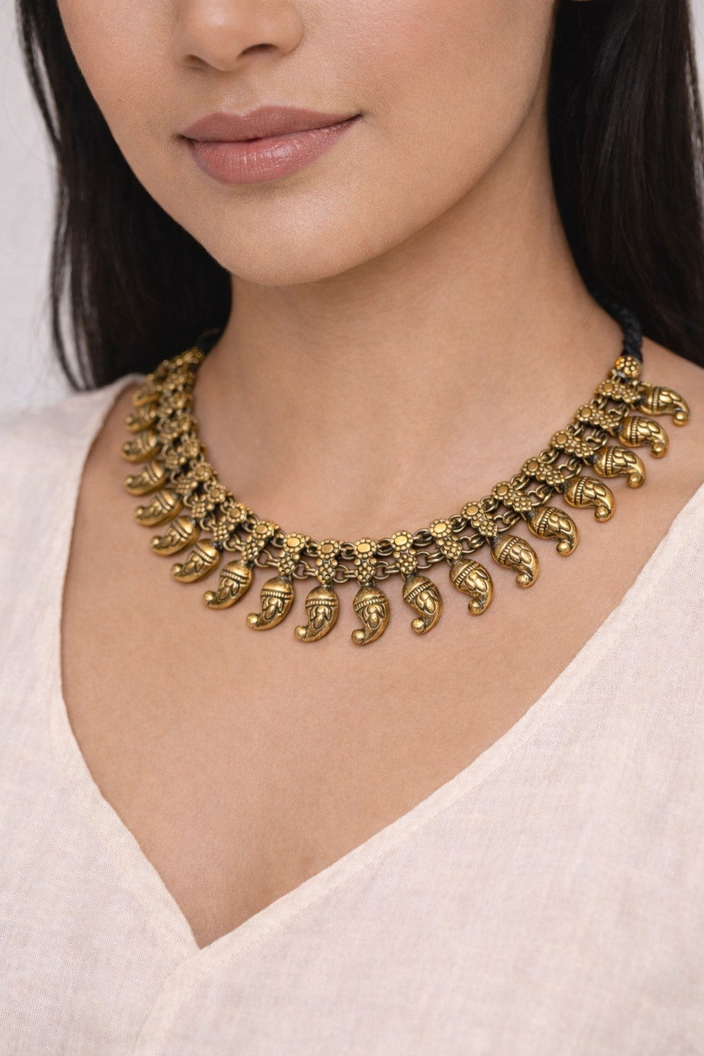 Antique Gold-Toned Paisley Mango Charm Choker Necklace with Adjustable Dori