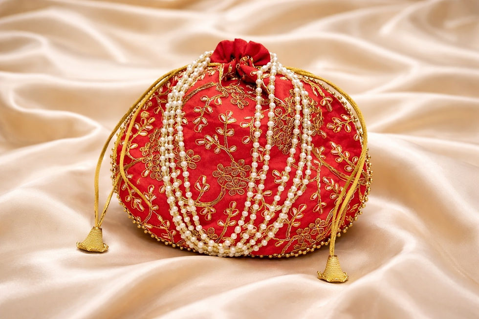 Thumbnail: Set of 6 Red Embroidered Wedding Return Gifting Potli Bags Drawstring Closure