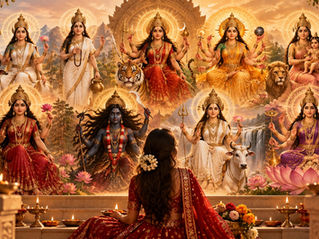 Navadurga, the nine forms of Goddess Durga, depicted with a woman offering prayers during Navratri, symbolising Shakti and feminine strength.