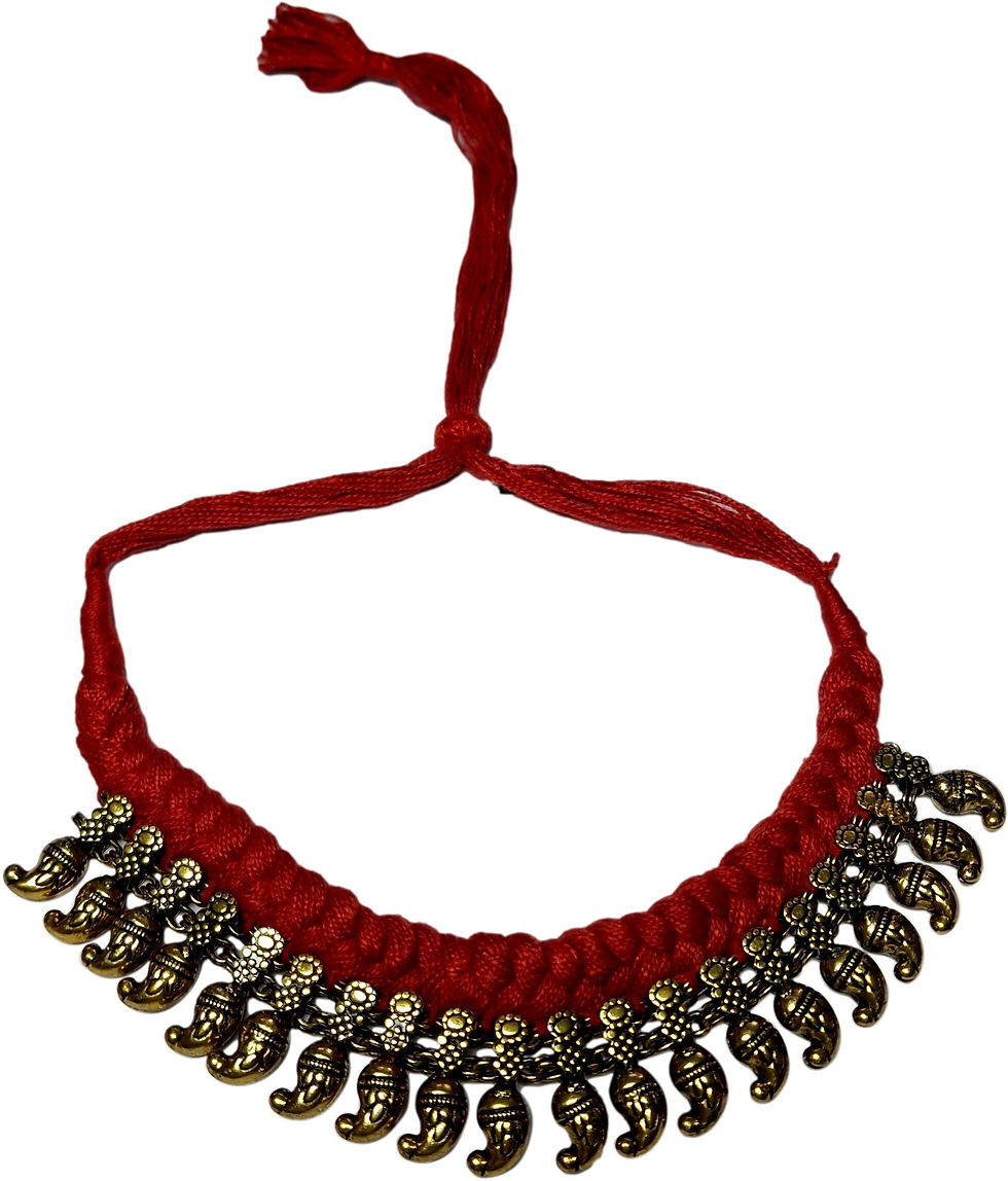 Thumbnail: athizay Handcrafted Red Thread Necklace Antique Gold Paisley Mango Charm Bead