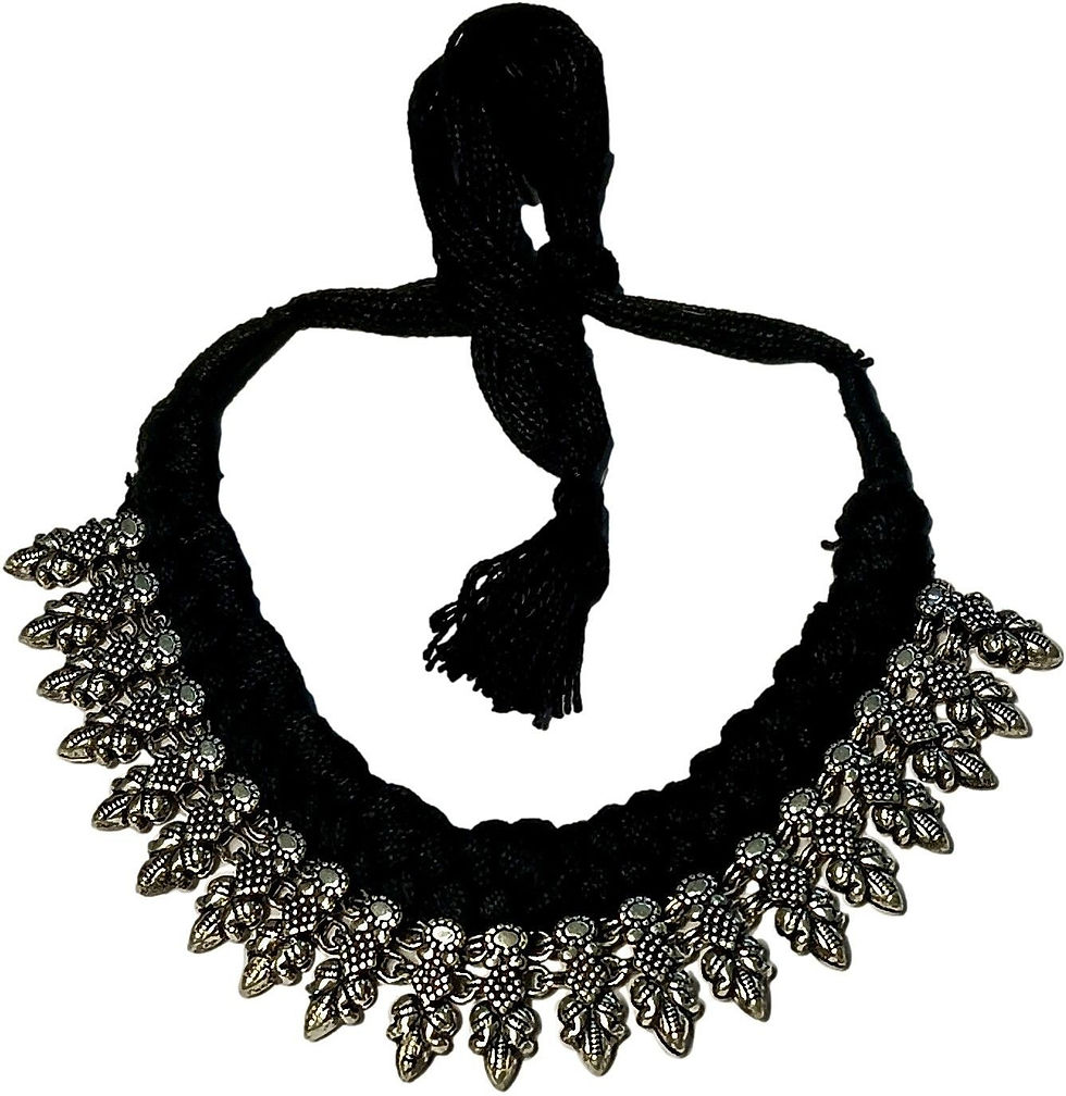 Thumbnail: athizay Oxidised Silver Tribal Necklace Mayura Leaf Bead Black Dori