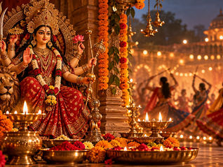Goddess Durga and modern Indian women representing Shakti, feminine strength, courage and compassion during Navratri