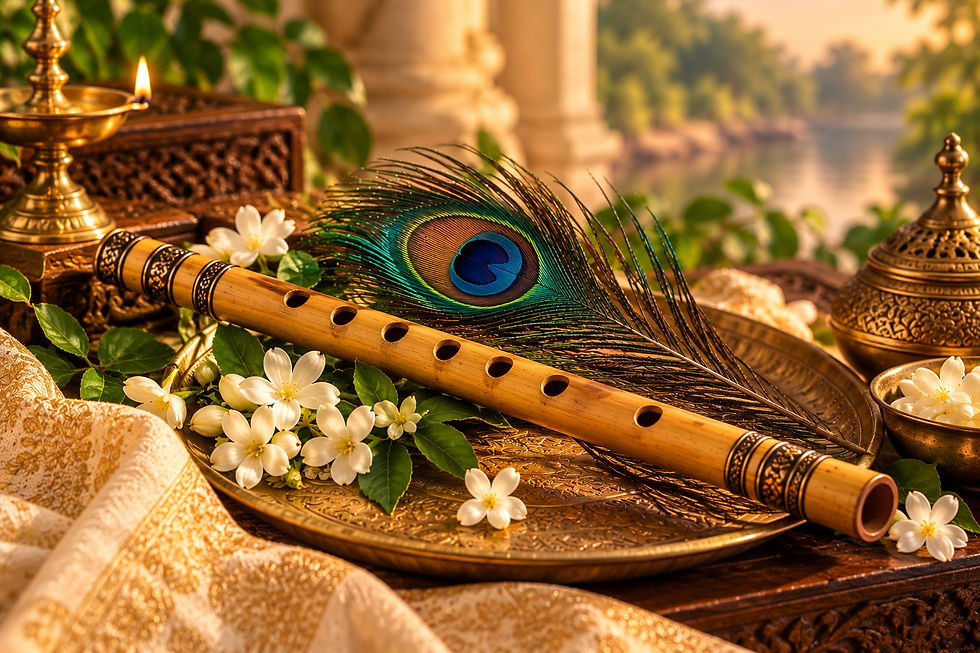 Traditional bamboo flute and peacock feather arranged on an ornate brass tray with jasmine flowers and devotional décor.