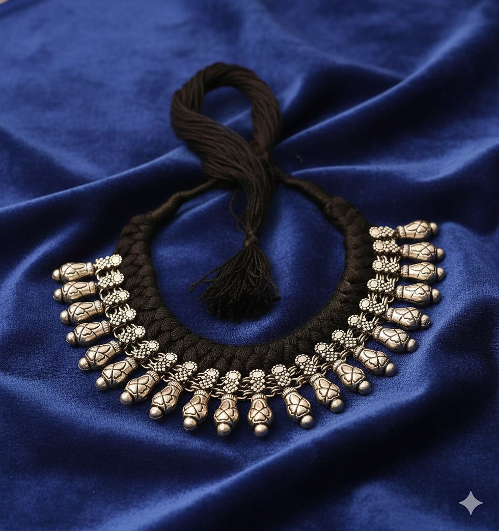 Thumbnail: athizay Black Thread Oxidised Silver Tribal Choker Necklace Seed Pod Tribal Bead
